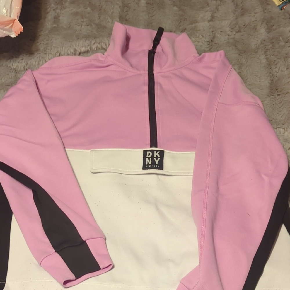DKNY Pink and White Quarter-Zip Pullover